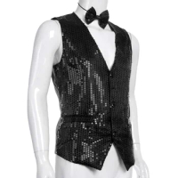 Men Stylish Suit Blazer Deep V-neck Solid Color Sequins Slim Vest Button Waistcoat For Business Wedding Party Men's Clothes