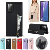 Case for Samsung Galaxy S23 Ultra S22 Plus Note 20 Pro FE Leather Zipper Handbag Detachable Lanyard Strap Card Flip Stand Cover