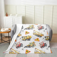 Excavator All Season,Bed Blanket Watercolor Cartoon Car Plush Throw Blanket, for Sofa Couch Kids Equipment Trucks