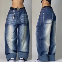 Y2K New Streetwear SOUTHPOLE Jeans Women's Harajuku Hip-hop Blue Wash And Grind White Baggy Jeans Go