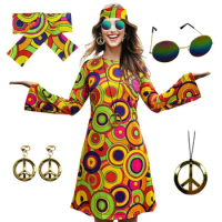 Women Hippie Costume Halloween Party Disco 70's Dance Costume Set Peace Sign Earring Necklace Headband Dress,60s Party Costume