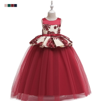新款女童禮服酒紅色刺繡婚紗禮服多層蓬蓬紗公主裙中大童走秀