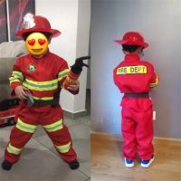 Kids Firefighter Work Wear Boys Fireman Role Play Uniforms Sam Clothing Halloween Cosplay Costumes Children Carnival Fancy Suit
