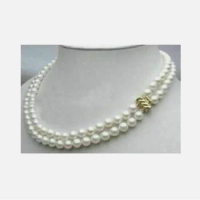 18" Double strands AAAAA 7-8mm natural Akoya white pearl necklace 14K GOLD CLASP