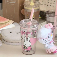 Xiaohongshu สีชมพู น่ารัก Miffy การ์ตูน ถ้วยฟาง ความจุขนาดใหญ่ โปร่งใส มูลค่าสูง พลาสติก เด็กผู้หญิง