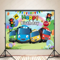 Woncol Tayo Little Bus Photo Backdrop Happy Birthday Baby Shower Photography Background Custom Decor Banner Photo Booth Backdrop