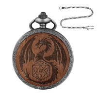 Vintage Pocket Watch Pendant Polyhedral Dices Set Game Themed Carved Dragon Watch Case Wasit Chain Jewelry Accessory