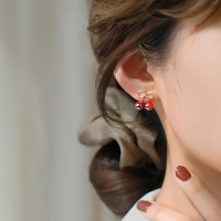 925純銀櫻桃耳釘女年新款夏紅色耳環蝴蝶結氣質甜美水果耳飾