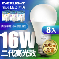 Everlight 億光 8入組-16W二代高光效LED燈泡 全電壓 球泡燈(白光/黃光/自然光)