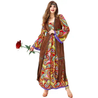 Sexy Vintage Hippie Dresses Woman's Tribal Goddess Costume Adult Masquerade 70's 90's Costume Carnival Party Performance Costume