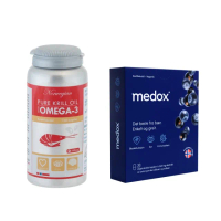 【Isbjorn挪威北極熊保健專家】磷蝦油添加魚油膠囊一瓶+ Medox莓達斯藍莓花青素膠囊一盒(120顆/瓶+30顆/盒)