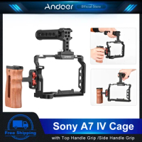 Andoer Camera Cage Kit for Sony A7 IV Camera with Top Handle Grip Wooden Side Handle Grip Camera Cag