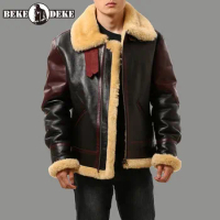 Luxury Men Winter Natural Shearling Overcoat Reversible Air Force Flight Coat Slim Warm Real Fur Lining Genuine Leather Jacket