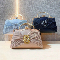 [COD & FreeShipping] Champagne Gold Clutch Bag for Women, Pleated Satin Evening Handbag with Gemston
