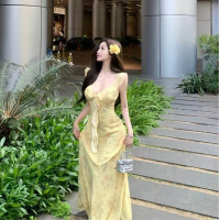 Summer French Yellow Floral Halter Dress, Ruffle Flutter Sleeve Slim Fit Maxi Dress, Elegant Fairy D
