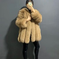 rf20152 Real Fox Fur Coat for Women Long Sleeve Vertical Striped Winter Thick Fur Natural Fur Coat