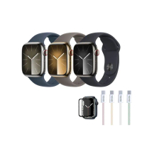 60W編織保貼組【Apple】Apple Watch S9 LTE 45mm(不鏽鋼錶殼搭配運動型錶帶)