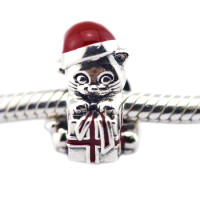 Gift Red Christmas Kitten Thread Charm Beads &amp; Berry Red Enamel 925 Sterling-Silver-Jewelry Fits Western Charms Bracelets DIY
