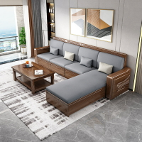 楓林宜居 中式胡桃木實木沙發組合現代客廳布藝沙發簡約轉角貴妃實木沙發
