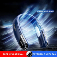 2024 New Portable Leafless Neck Cold Fan 5-Gears Adjustable LED Digital Display Screen Strong Life USB Charging Sports Fan
