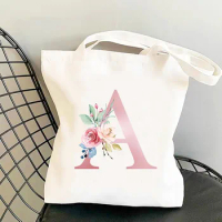 Personalized Everyday Tote Bag Pink Alphabet Print Cotton Canvas Shoulder Shopper Tote Bag Students Teacher Book Travel Handbag