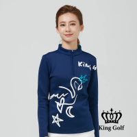 【KING GOLF】速達-網路獨賣款-女款火鶴印圖立領拉鍊中厚款長袖POLO衫/高爾夫球衫(藍色)
