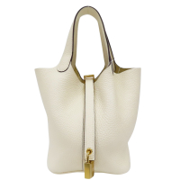 【二手名牌BRAND OFF】HERMES 愛馬仕 奶油白 Taurillon牛皮 Picotin 18 手提包 金扣 Z刻