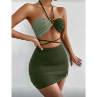 SHEIN Vavabold Women's Contrast Color Ring Connected Croped Halter Top And Skirt