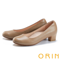 ORIN 簡約素面真皮圓頭中跟鞋 棕色