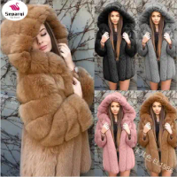 SEPARQI Winter Jackets for Women 2024 Imitation Fox Fur Fur Coat Women New Outerwears Faux Fur Coat Hooded Fur Jacket