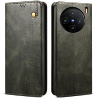 Waxy Leather Wallet Flip Phone Case For Vivo X100 Pro / Vivo X100 Retro Vintage Cover Case