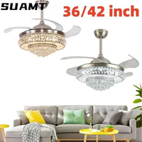 36/42 inch Modern Retractable Crystal Ceiling Fan Light and Remote Control LED Ceiling Light Chandelier Ceiling Fan Lamp 3-Color