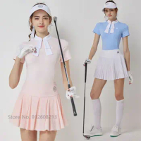 Blktee Girl Stand Collar Tops Short-sleeve Golf T-shirt With Tie High Waist Pleated Skirt Women Anti-empty Sports Skort Sets