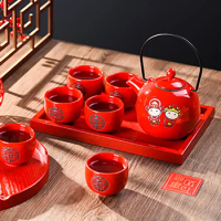 Traditional Wedding Decoration Red Tea Set, Porcelain Chinese Kung Fu Teapot Teacups Tea Service Teaware with Handle for Adults