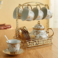 下午茶茶具含茶壺咖啡杯組合-6人燙金花紋歐式陶瓷茶具69g81【獨家進口】【米蘭精品】