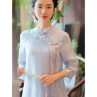 2023 ao dai chiffon long aodai women vietnam print flower cheongsam vintage mandarin collar elegant vietnam traditional dress