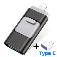 OTG Usb Flash Drive for iPhone 128G USB 3.0 Memory Stick External Storage for iOS/Android/Type C/Windows Device 4 in 1【Black】