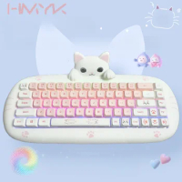 ECHOME Cartoon Cat Mechanical Keyboard Wireless Tri-mode RGB Backlight Cute Pink Girl Office Gaming Keyboard for PC Laptop Gift