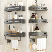 Bathroom Shelf No Drilling With Hooks Shower Corner Storage Rack Organizer Shampoo Holder Wall Mounted Towel Shelves No Drill