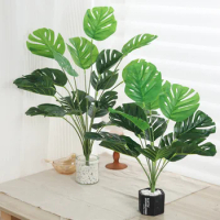 1- 18 Forks Artificial Monstera Plants Fake Palm Tree Plastic Turtle Leaves Green Tall Plants For Home Garden Room Decor
