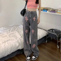 美式復古高腰直筒拖地長褲子 重工十字架牛仔褲女夏季新款【淘夢屋】