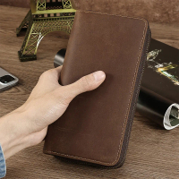 Beg klac lelaki baharu, kulit kuda liar vintaj, panjang, kulit asli, dompet zip perniagaan jovi wall
