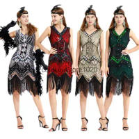 1920s Vintage Gatsby Sequin Fringed Paisley Flapper Dance Dress with Jewelry Accessories Set Sequin Beaded Tassels Dress