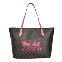 【COACH】PVC Logo雪花馬車肩背托特包(深咖梅邊)