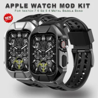 45mm 44mm Luxury Metal Case Rubber Band For Apple Watch Series 7 Men Sport Strap Modification Kit For iWatch SE 654 Wristband
