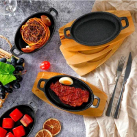 12 Sets Cast Iron Skillet with Wooden Base Mini Fajita Plates Oval Dish Tray Serving Sizzling Plate Pan