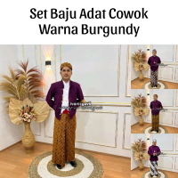 (1set, Cowok) Pakaian Adat Jawa / Beskap + Jarik + Blangkon + Free Benggol | Nuansa- Burgundy