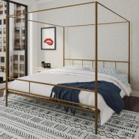 Metal Canopy Platform Bed Frame With Headboard, Sturdy Metal Frame Under Bed Storage, Gold King Size Bedroom Furnitures Set