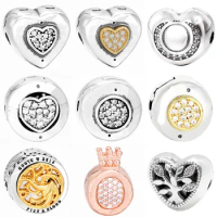 Original Sparkling Pave Signature Family Tree Heart Clasp Fit Popular Bracelet Bangle 925 Sterling Silver Bead Charm Diy Jewelry