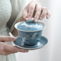 霽藍釉三才蓋碗茶杯單個景德鎮手繪陶瓷防燙功夫泡茶景泰藍色大號